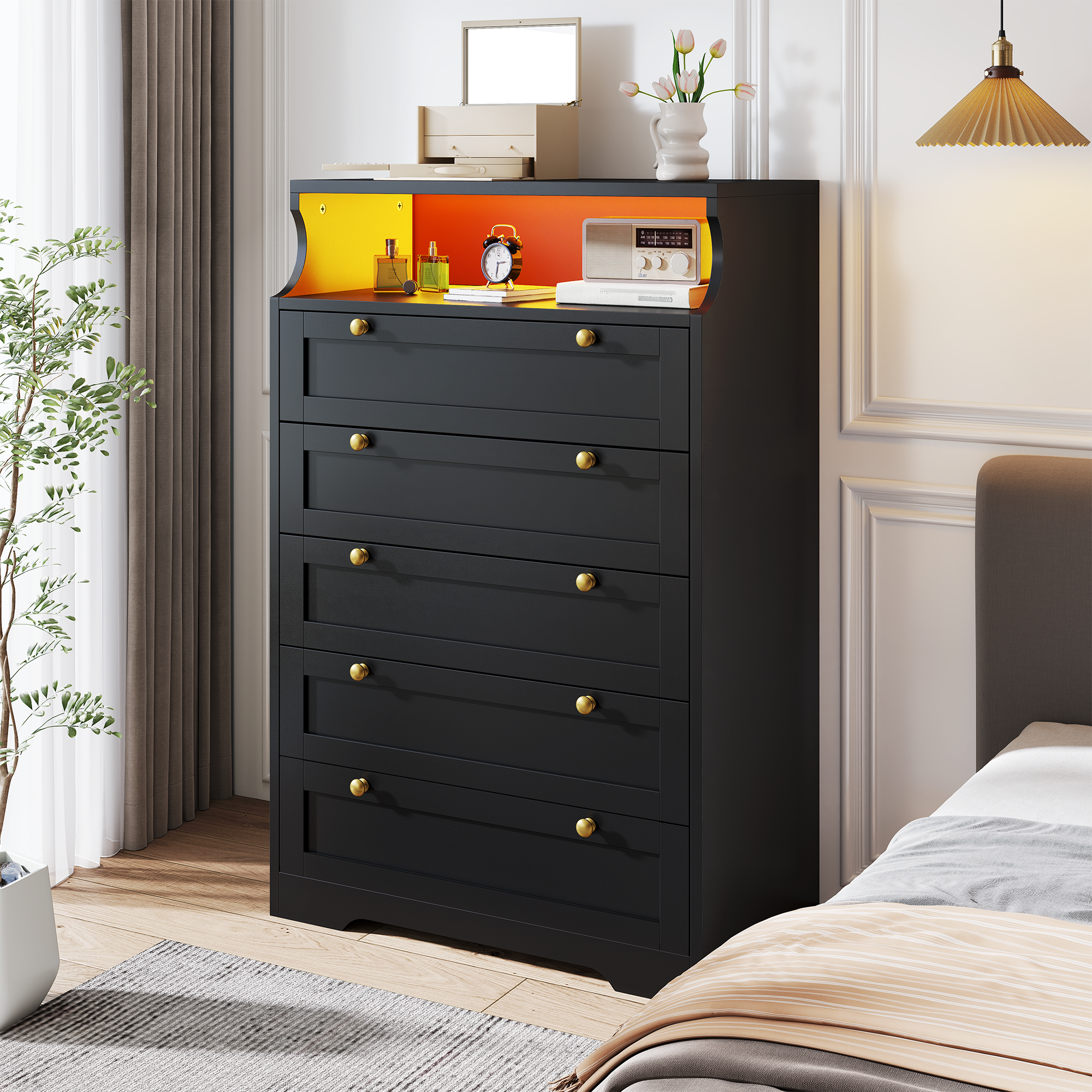 48.5" Tall Dresser with LED Lights & 5 Deep Drawers - Modern Bedroom Storage Cabinet, 16-Color RGB Lighting, Waterproof Surface& Open Shelf, for Bedroom, Living Room, Entryway