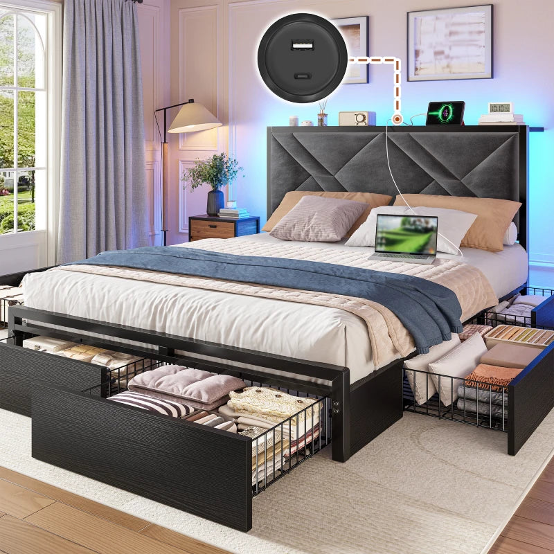 Bed Frame with Bed Frame with  and 6 Storage Drawers, Bed Frame with Upholstered Headboard Built in Charging Station,Noise-Free,Easy Assembly