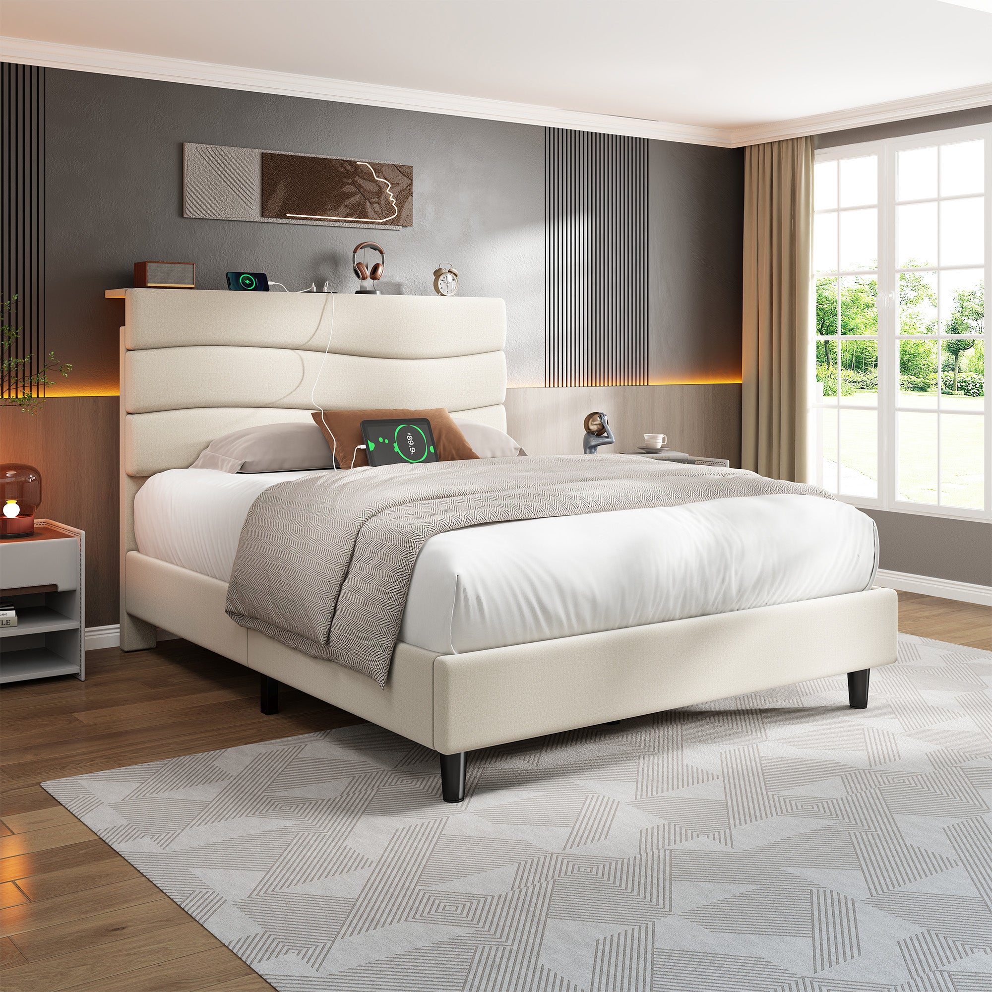 SnHomee Upholstered Bed Frame with Storage Headboard & Charging Station - USB Ports, Adjustable Fabric Headboard, Noise-Free Design, No Box Spring Needed, Back to School Beds On Sale