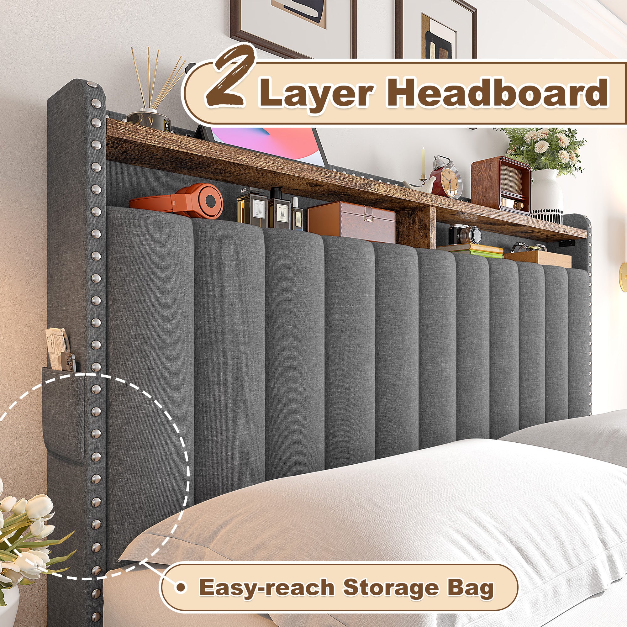 Snhomee Heavy Duty Platform Bed Frame with Storage Drawers - Silent 1200LB Capacity, No Box Spring Needed, Upholstered Headboard