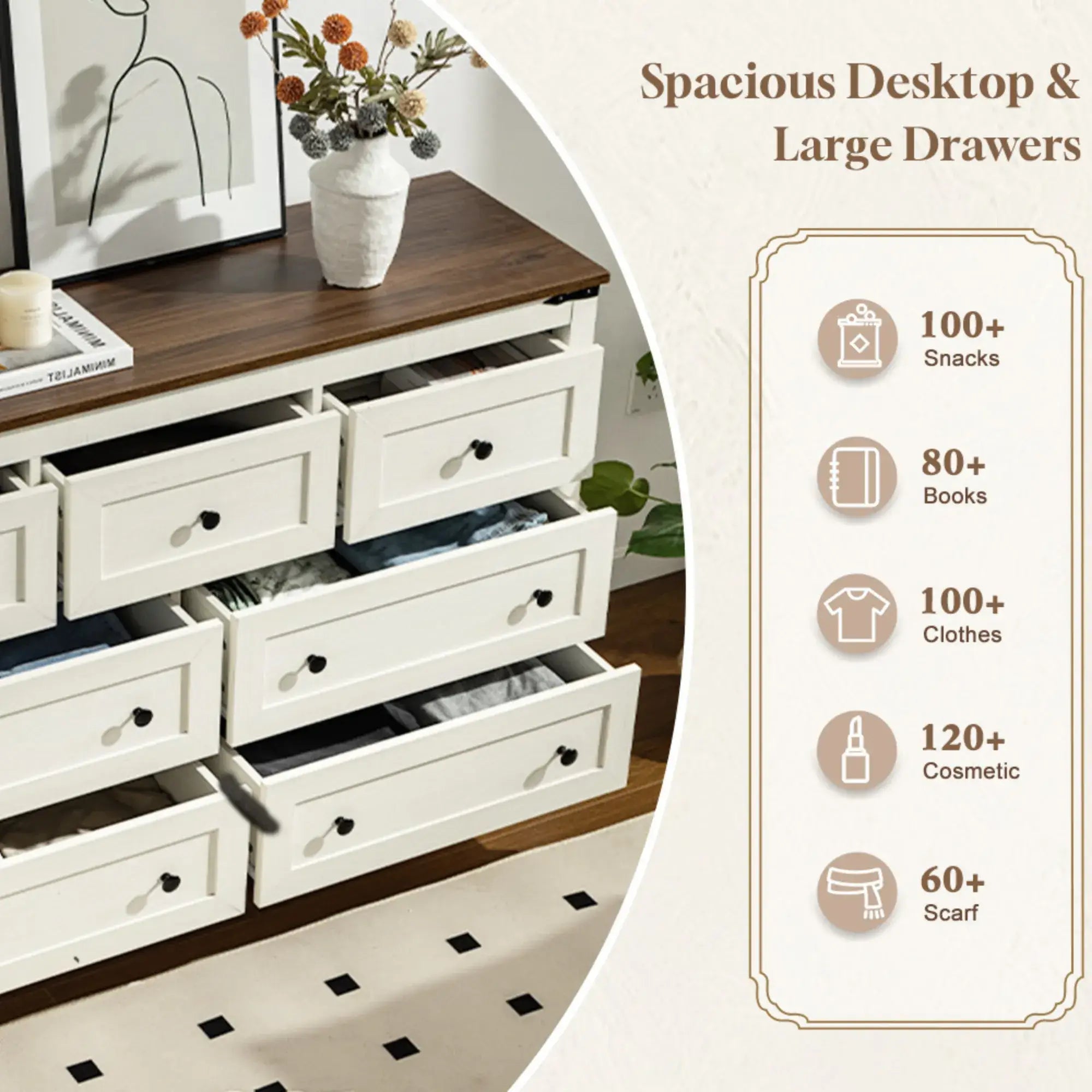 Antique White 7-Drawer Dresser & TV Stand with Metal Glide - 51" Wide Multi-Room Storage-Antique White-Enhomee
