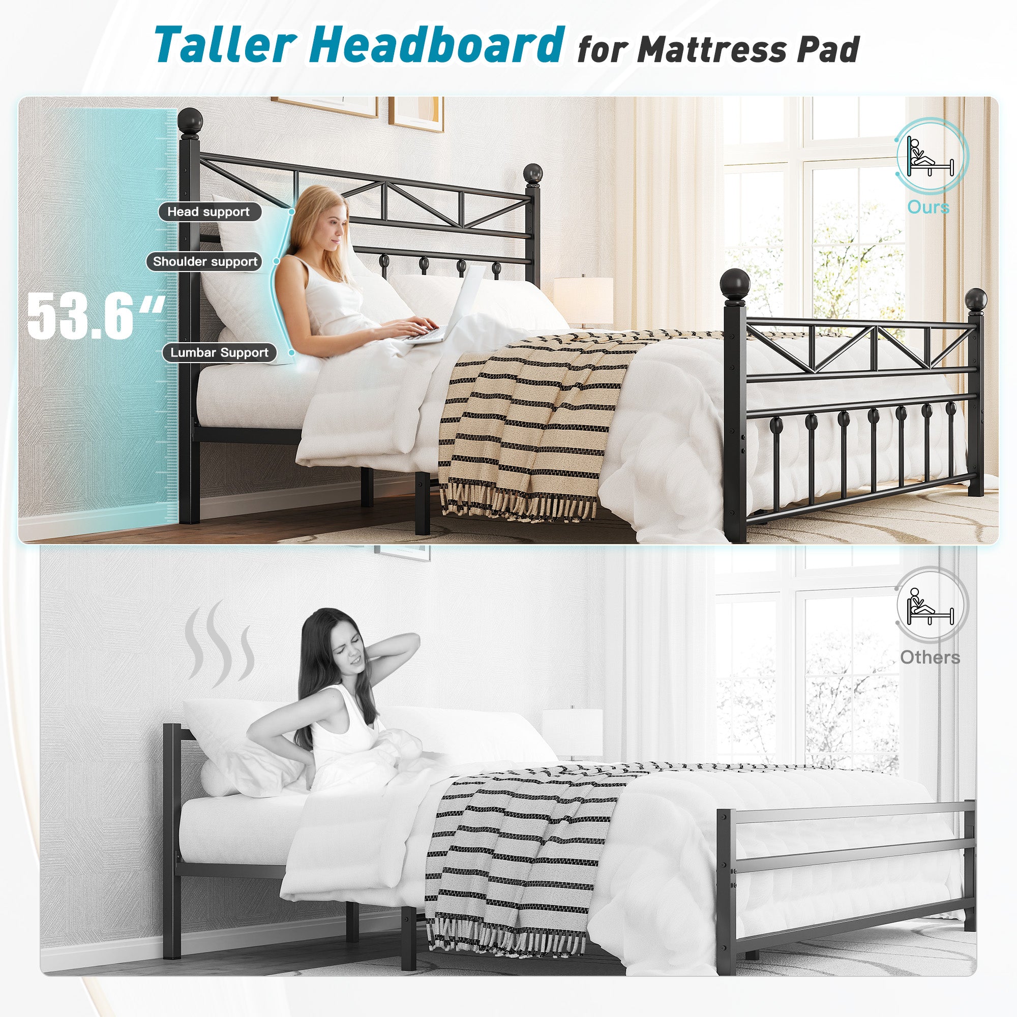 54" Queen Size Metal Bed Frame with LED Lights | Headboard & Footboard | Under Bed Storage & Noise-Free Design-Queen-Black-snhomee