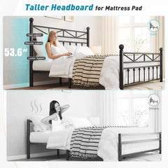 54" Queen Size Metal Bed Frame with LED Lights | Headboard & Footboard | Under Bed Storage & Noise-Free Design-Queen-Black-snhomee