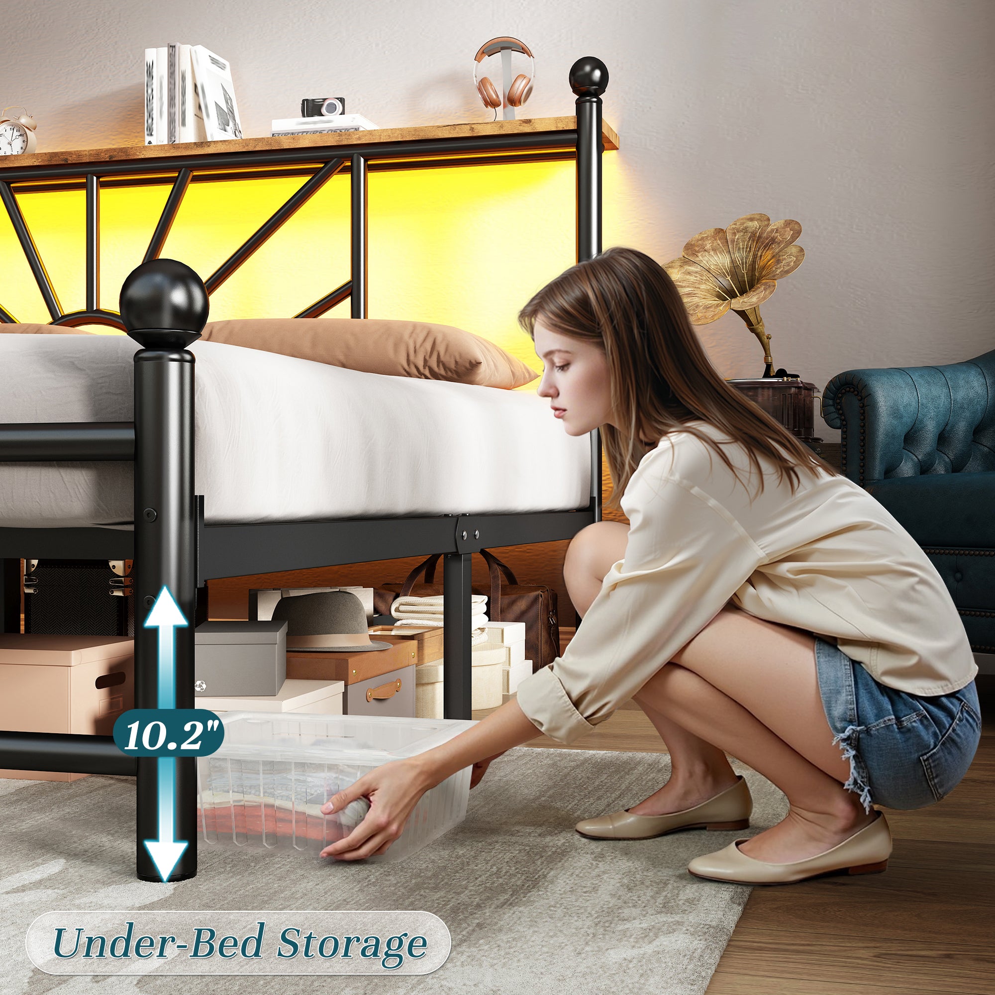 Snhomee Metal Bed Frame with LED Lights Under Headboard&Footboard - 1300LBS Capacity, Underbed Storage, No Box Spring Needed, Noise-Free Design, Back to School Beds Best Choice