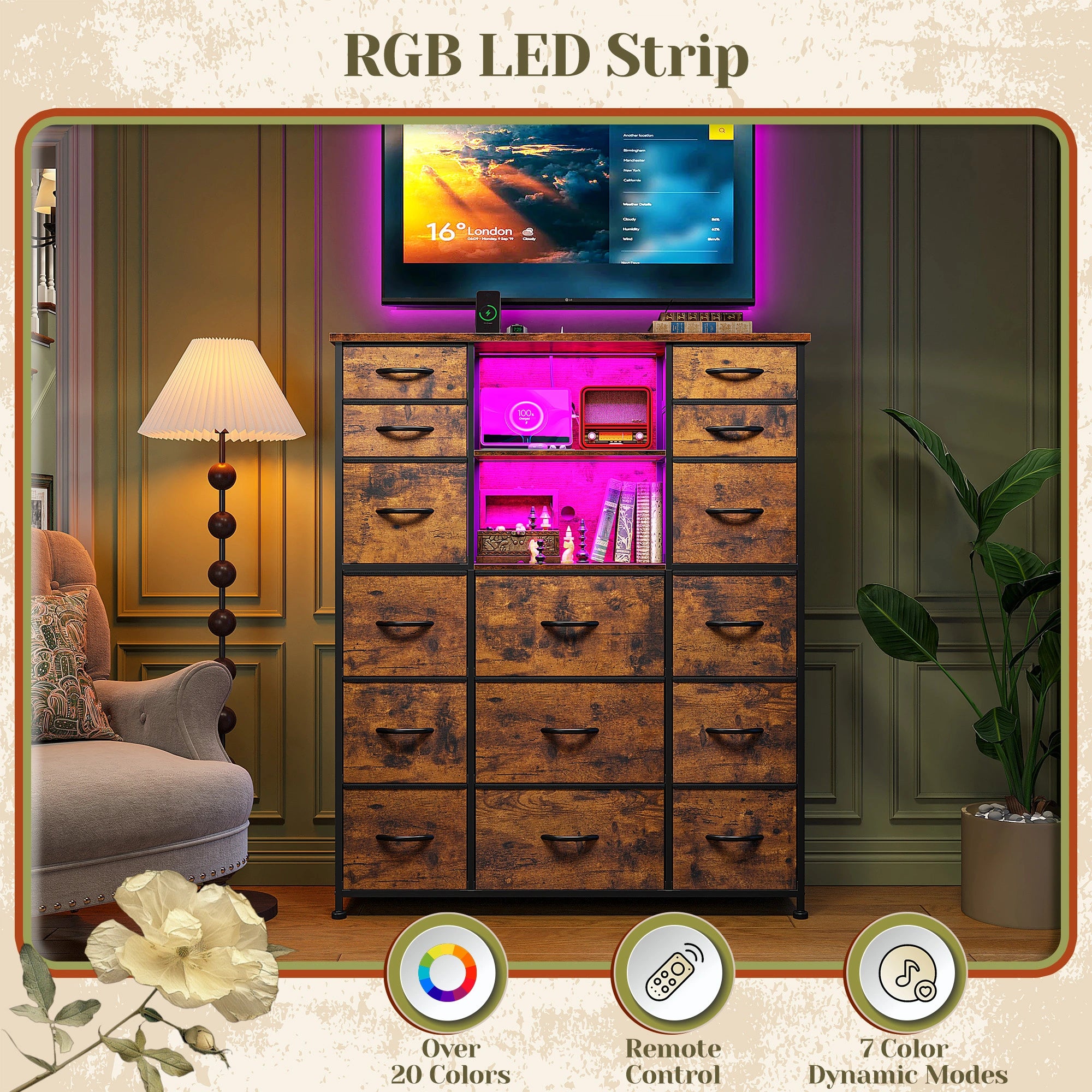 15-Drawer Smart Dresser with Charging Station & LED Lights - 51" Tall Fabric Storage Organizer, Steel Frame, Wood Shelves | No Assembly Hassle, Anti-Tip Safety, for Bedroom, Closet, Hallway