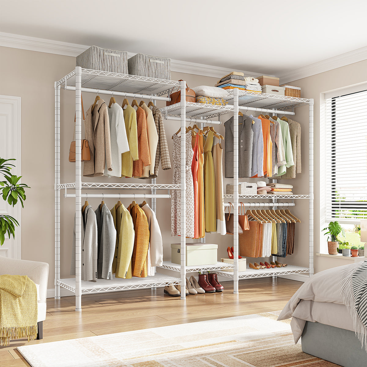 Snhomee 74.5"W Heavy-Duty Clothing Rack with Shelves Load 900 LBS, Adjustable Metal Garment Rack, Portable Closet Rack for Bedroom