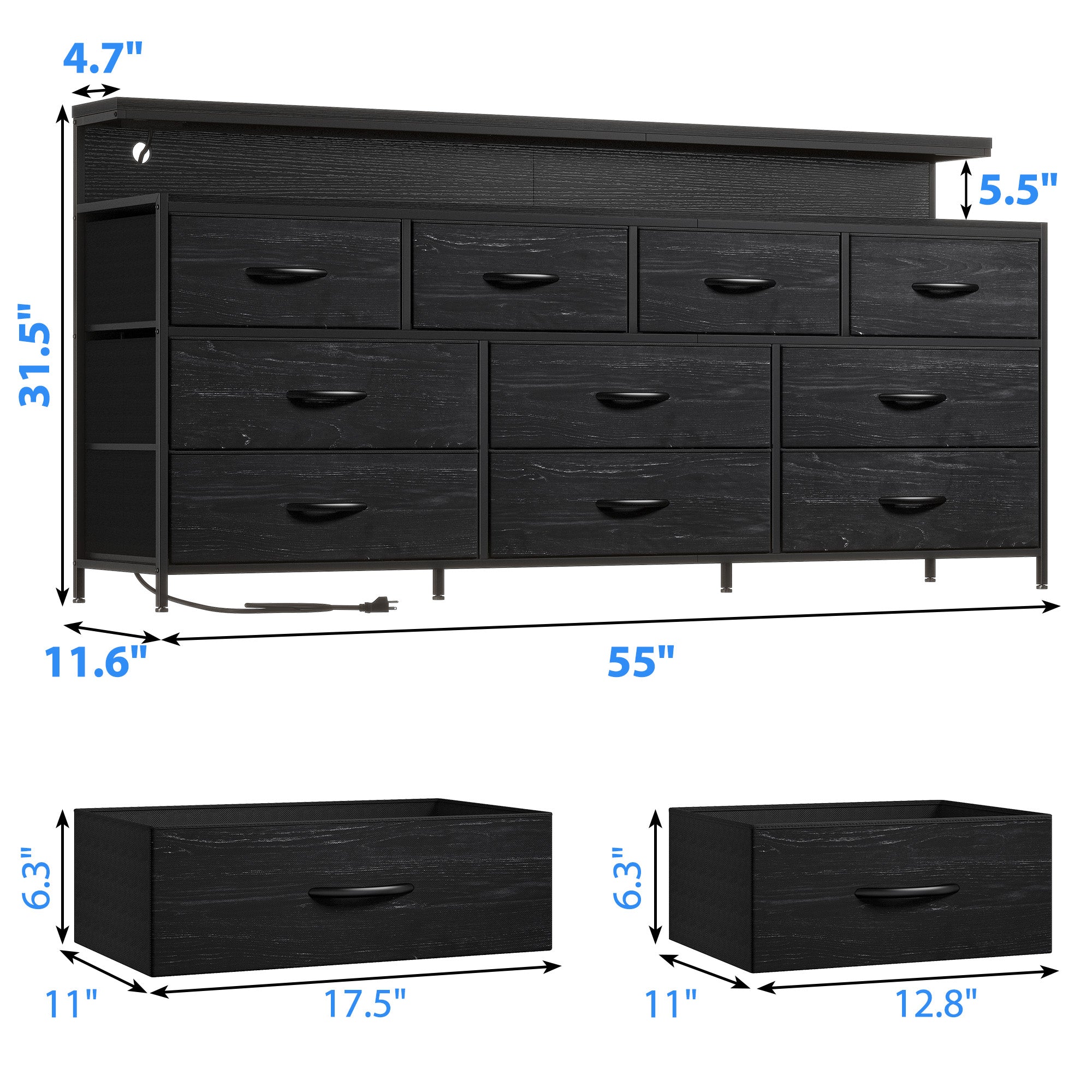 55" Wide LED Dresser with Power Outlets & 10 Drawers | Large Metal Frame & Wood Top Storage Organizer for Bedroom-Charcoal Black-snhomee