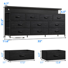 55" Wide LED Dresser with Power Outlets & 10 Drawers | Large Metal Frame & Wood Top Storage Organizer for Bedroom-Charcoal Black-snhomee