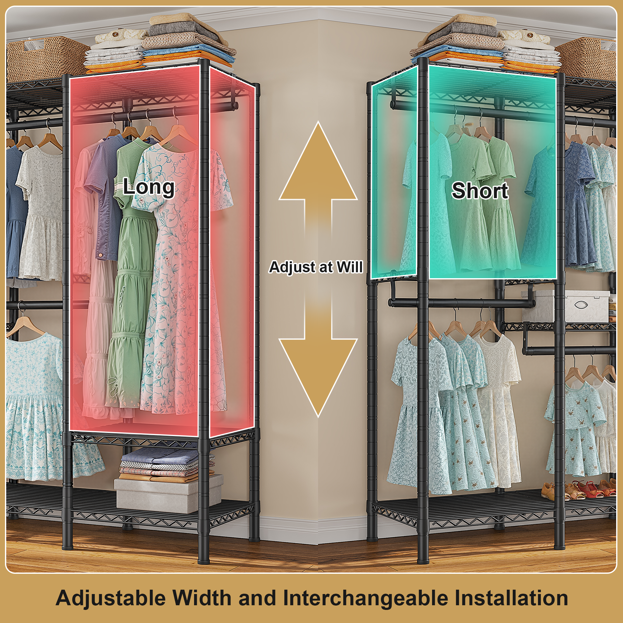 Snhomee 76"W 1100LBS Heavy Duty Clothing Rack with Shelves Metal Clothes Hanger Rack for Hanging Clothes-Home Storage > Clothes Rack-Black-snhomee