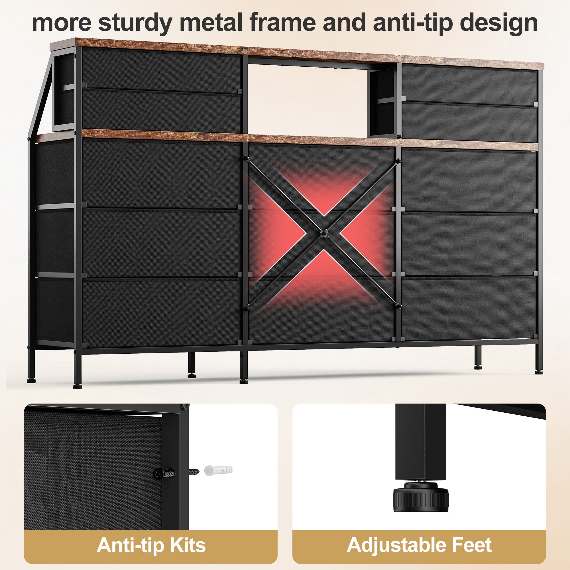 Girls Dresser Organizer: 55"W Dresser with 13 Fabric Drawers and 2 Open Shelves, Metal Frame & Wooden Top for Bedroom/Closet