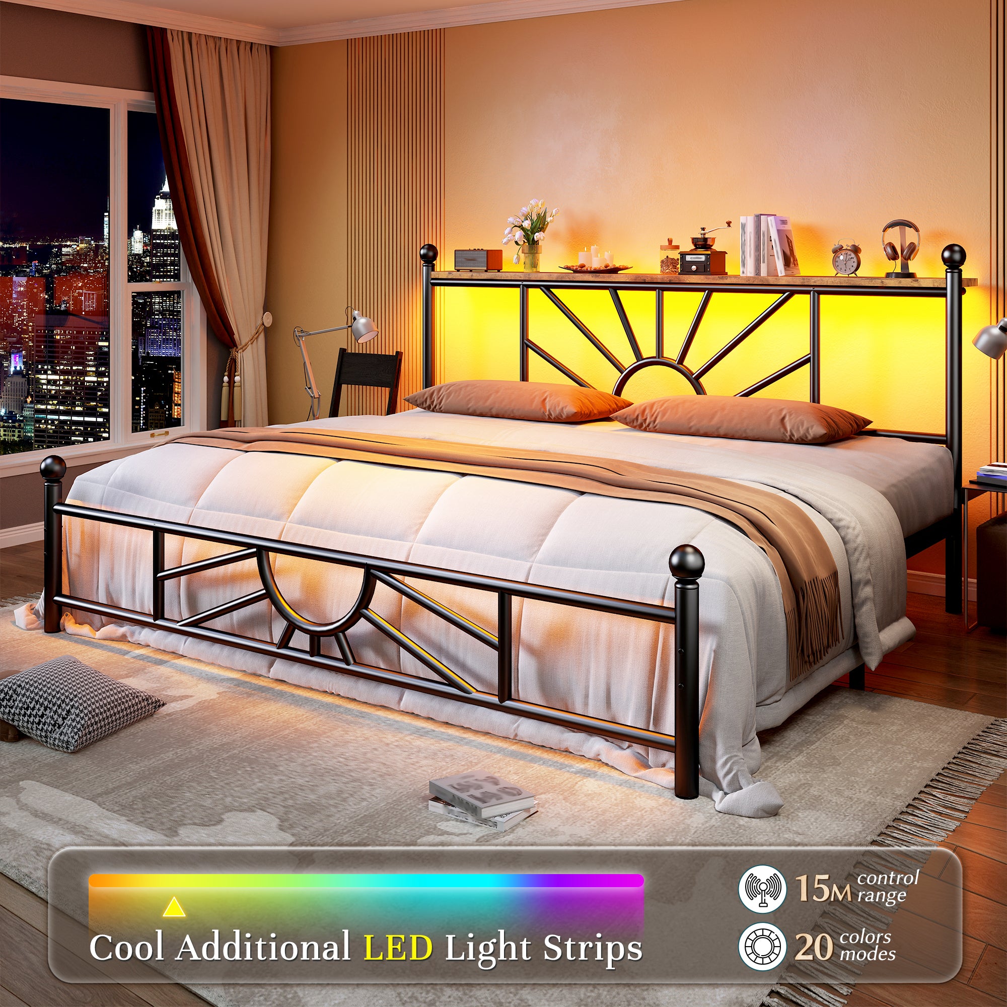 Snhomee Metal Bed Frame with LED Lights Under Headboard&Footboard - 1300LBS Capacity, Underbed Storage, No Box Spring Needed, Noise-Free Design, Back to School Beds Best Choice
