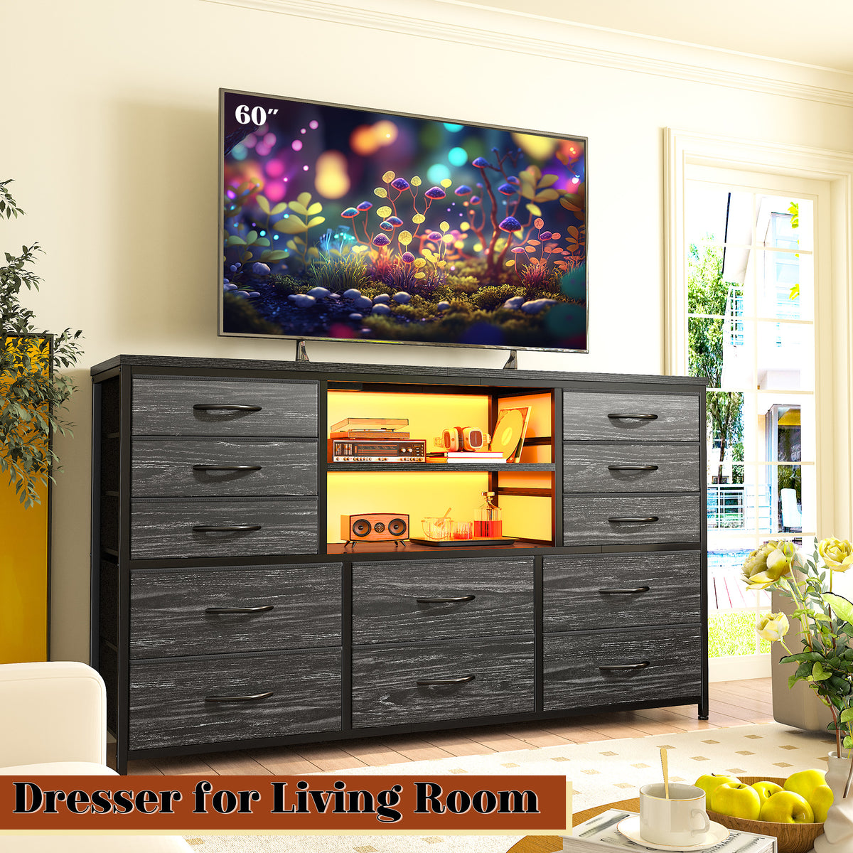 Snhomee 12-Drawer LED Dresser with USB Outlets - 60'' TV Stand for Bedroom & Living Room, Metal Frame Storage Cabinet 49''W x 35''H