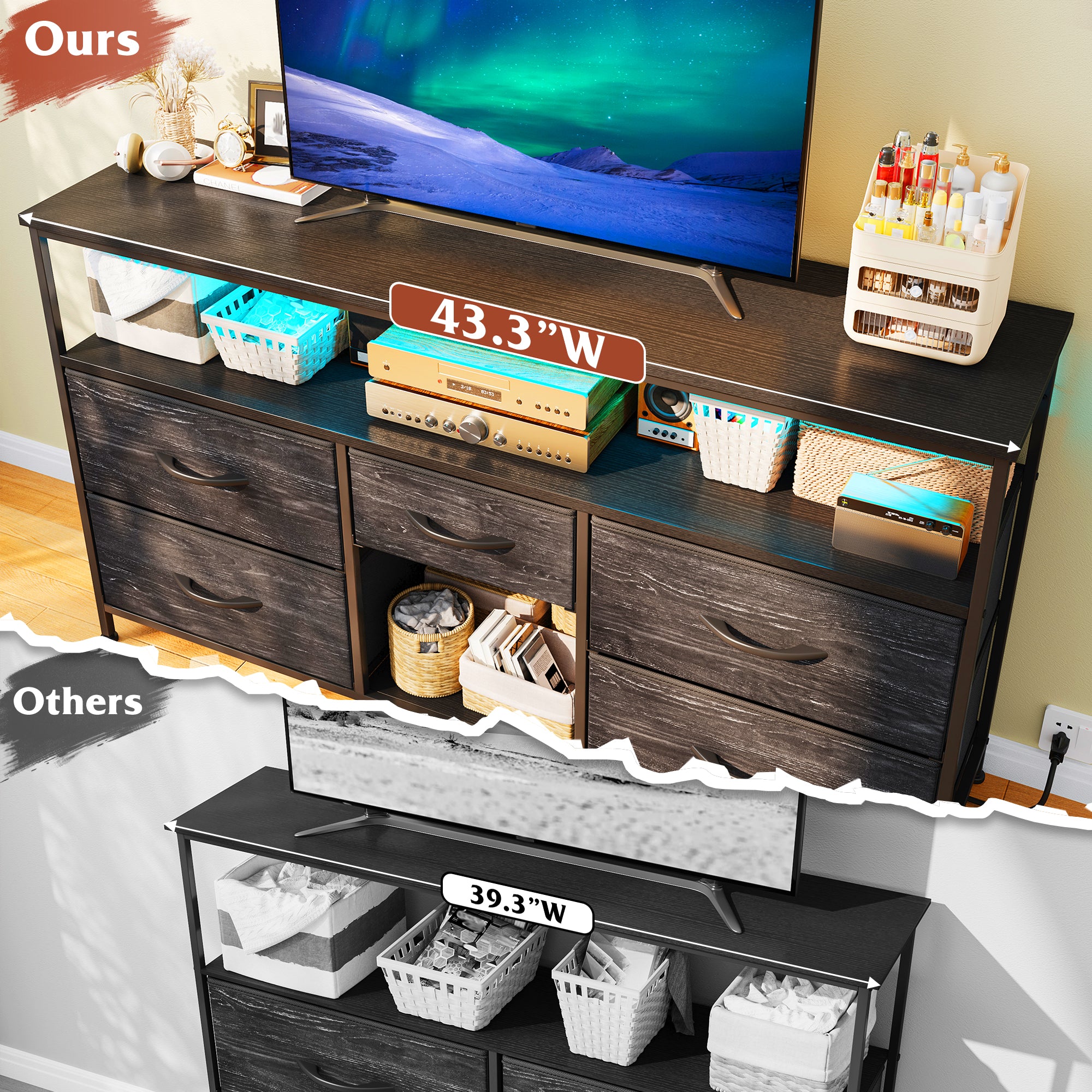 50" LED TV Stand with 5 Drawers & Outlets | Metal Dresser for Bedroom/Living Room-Rustic Brown-snhomee