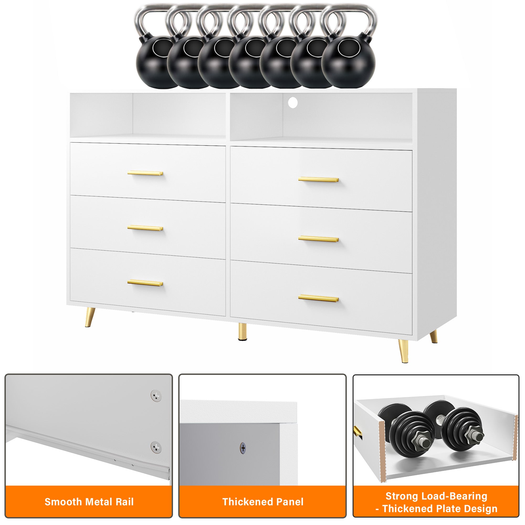 6 Drawers Dresser with LED Lights, Large TV Stand, 2 Open Shelves Top, 47"W Modern Chest with Anti-Tip Safety for Bedroom, Living Room & Small Spaces