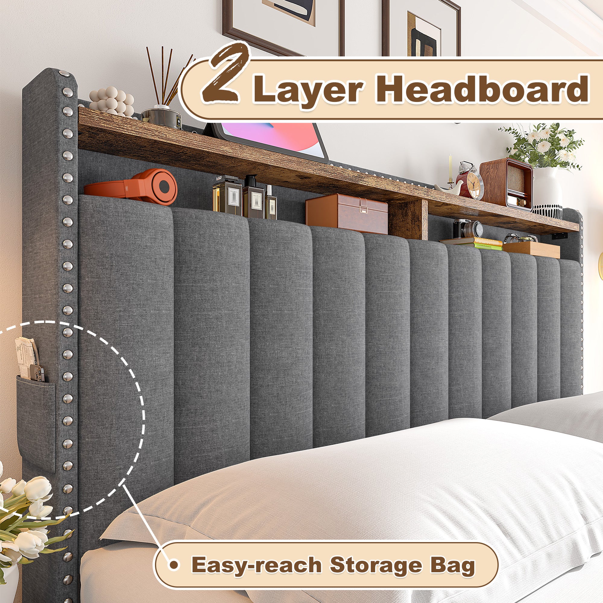 Snhomee Heavy Duty Platform Bed Frame with Storage Drawers - Silent 1200LB Capacity, No Box Spring Needed, Upholstered Headboard
