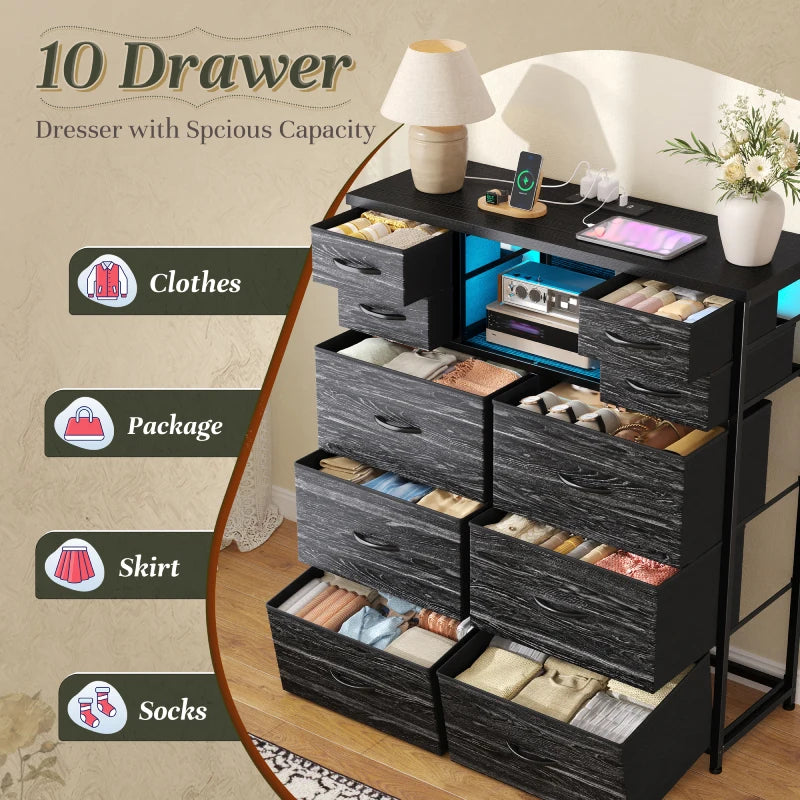 Snhomee 10 Fabric Drawers Bedroom Dresser with LED Lighting and Built-in Charging Station for Closet, Hallway or Bedroom
