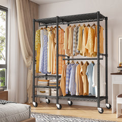 Snhomee Heavy Duty Clothes Rack with Wheels, Freestanding Portable Closet, Rolling Garment Rack For Hanging