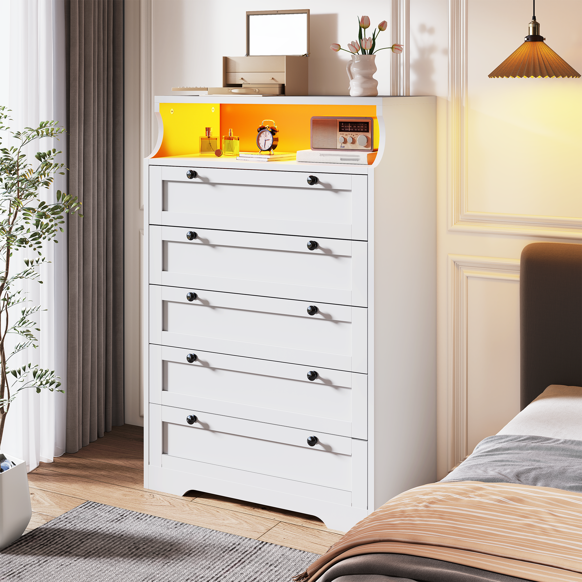 48.5" Tall Dresser with LED Lights & 5 Deep Drawers - Modern Bedroom Storage Cabinet, 16-Color RGB Lighting, Waterproof Surface& Open Shelf, for Bedroom, Living Room, Entryway