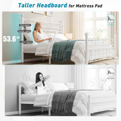 LED Metal Bed Frame with Tall Headboard & Footboard, Vintage Industrial Bed, Under Bed Storage & No Box Spring Needed, Noise-Free Design for Modern & Farmhouse Bedrooms