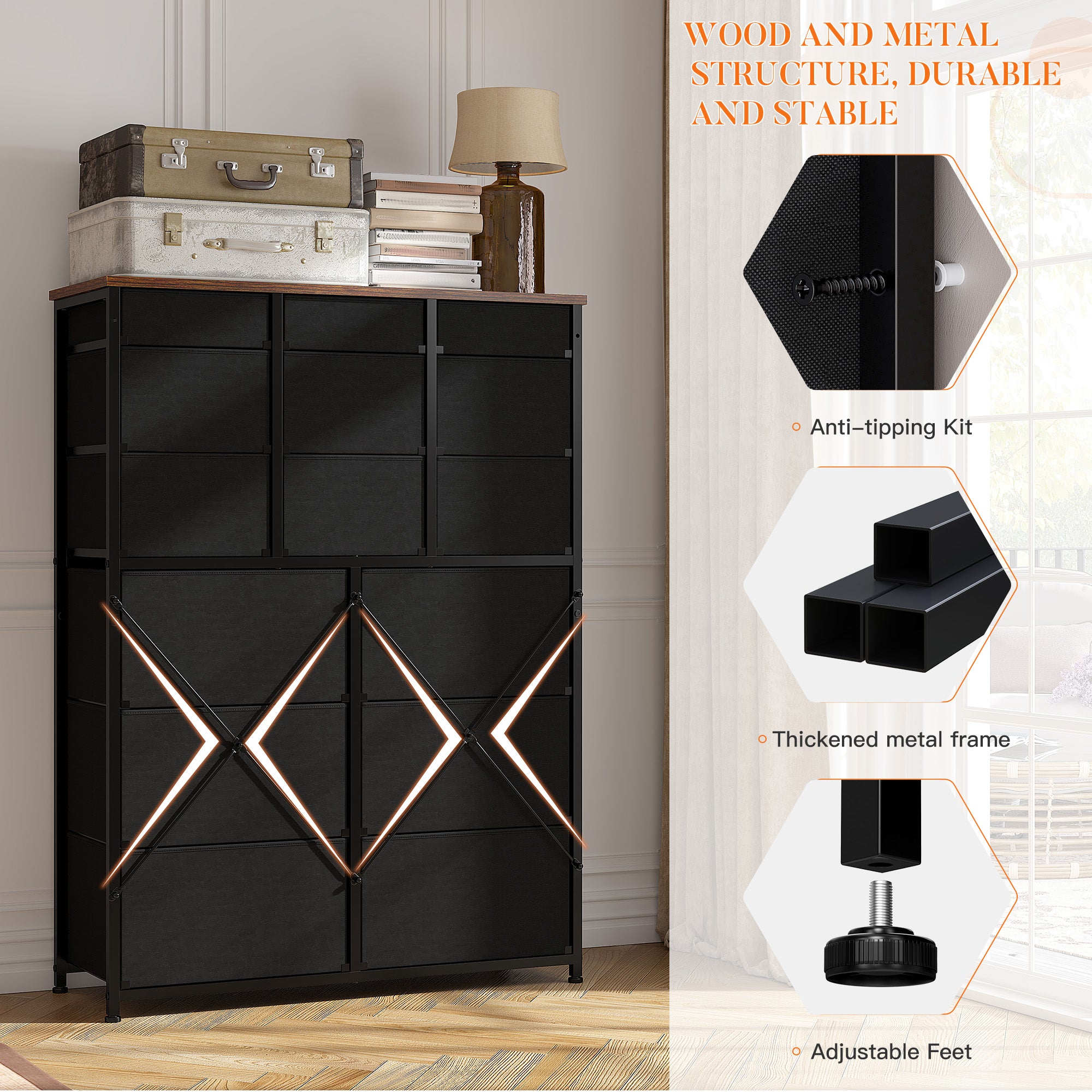 Dresser for Bedroom with 15 Drawers, Sturdy Metal Frame & Wood Top, Top Large Fabric Chest of Drawers, Closet, Livingroom-Furniture > Dresser-37.8"W x 11.8"D x 52.4"H-Black-snhomee