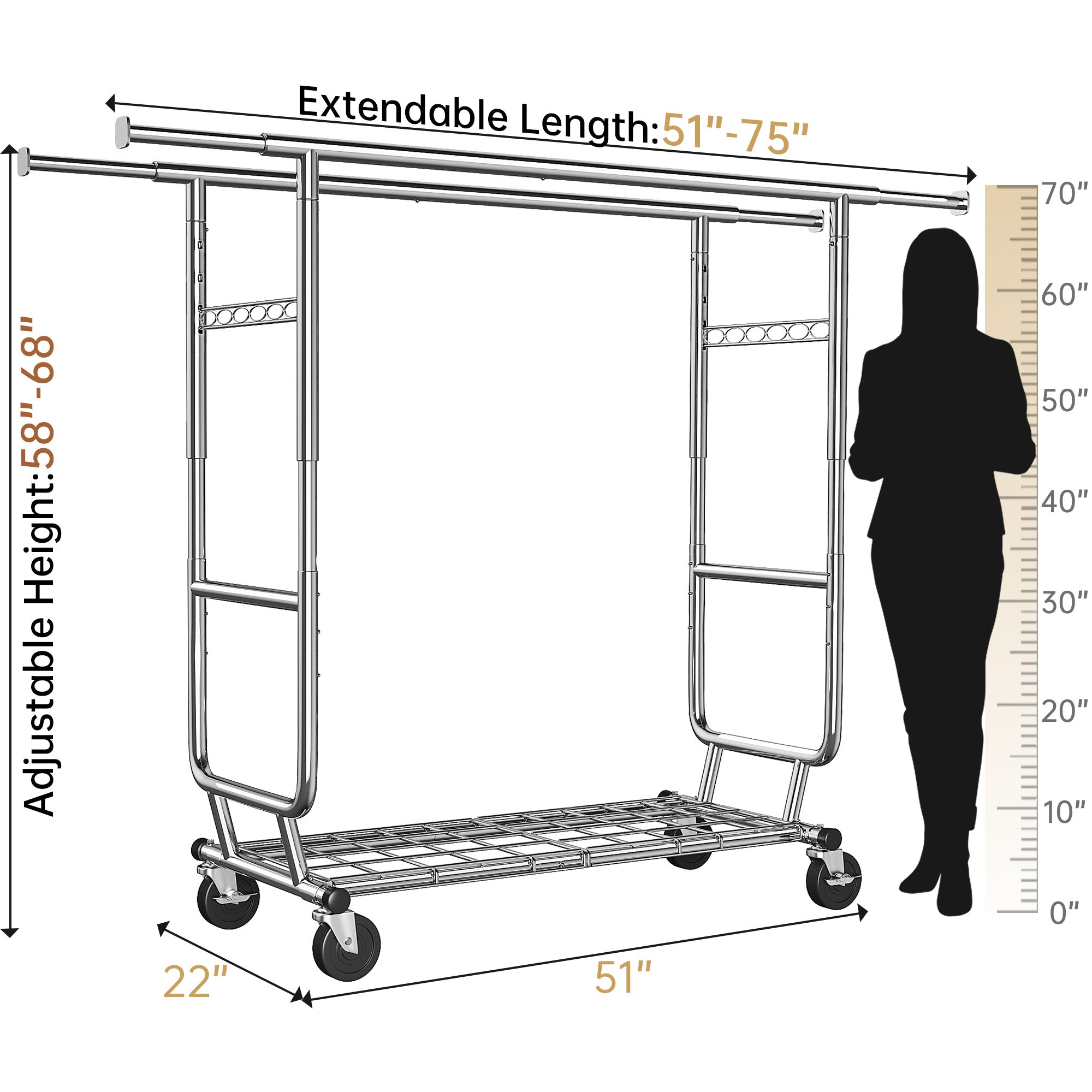Snhomee Rolling Clothes Rack with Wheels 630LBS Heavy Duty Metal Clothes Rack for Hanging-Home Storage > Clothes Rack-(51"-75”)W x 22"D x (58"-68")H-snhomee
