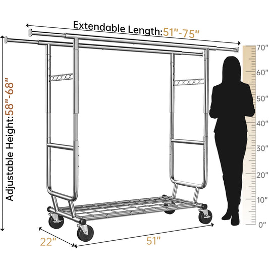 Snhomee Rolling Clothes Rack with Wheels 630LBS Heavy Duty Metal Clothes Rack for Hanging-Home Storage > Clothes Rack-(51"-75”)W x 22"D x (58"-68")H-snhomee