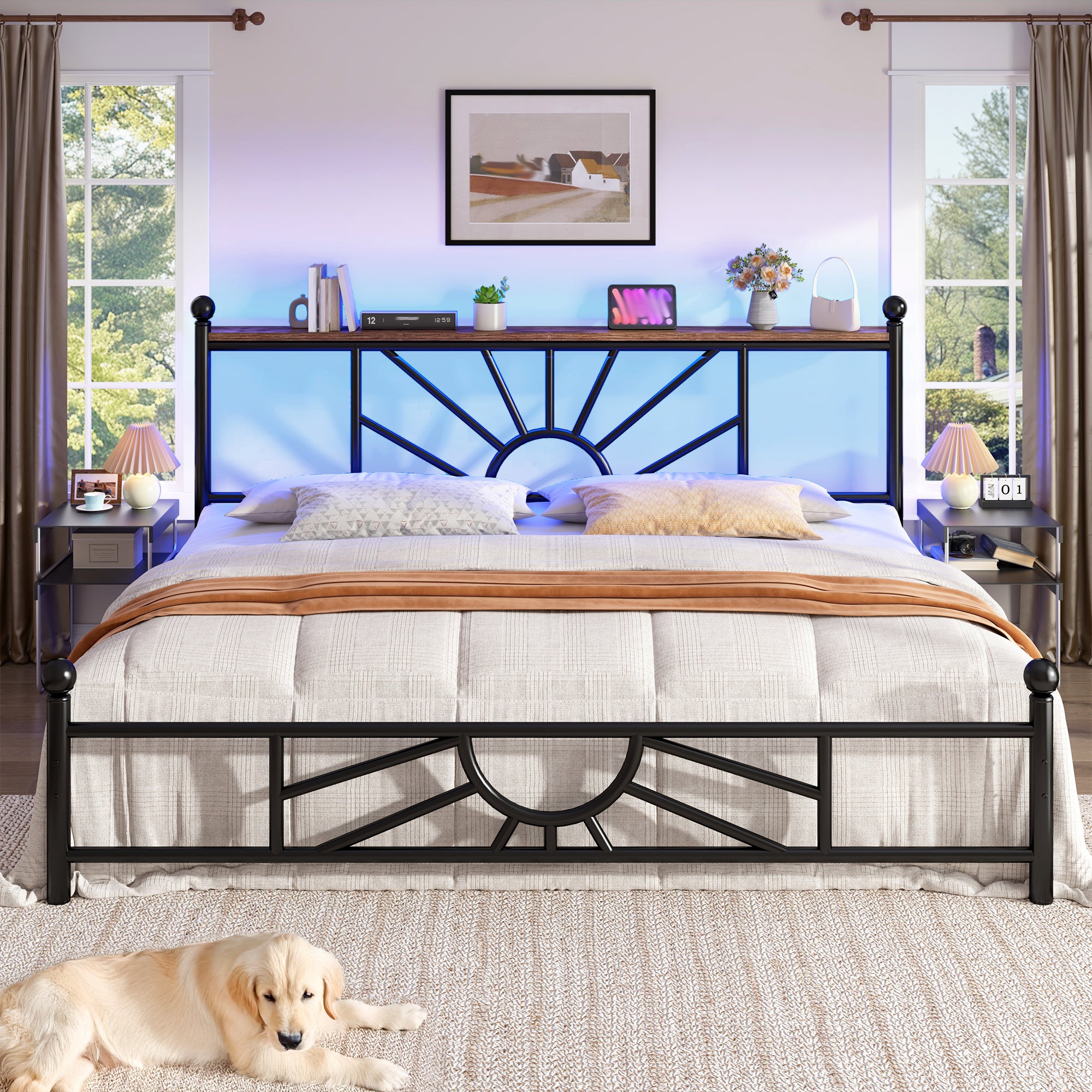 Snhomee Metal Bed Frame with LED Lights Under Headboard&Footboard - 1300LBS Capacity, Underbed Storage, No Box Spring Needed, Noise-Free Design, Back to School Beds Best Choice