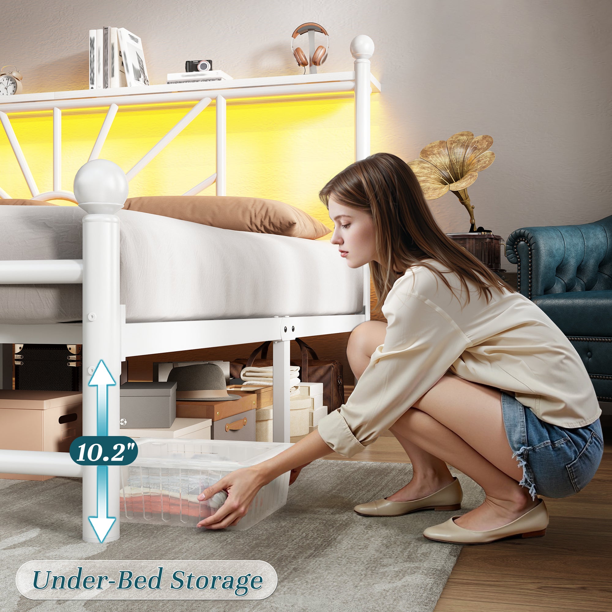 Snhomee Metal Bed Frame with LED Lights Under Headboard&Footboard - 1300LBS Capacity, Underbed Storage, No Box Spring Needed, Noise-Free Design, Back to School Beds Best Choice