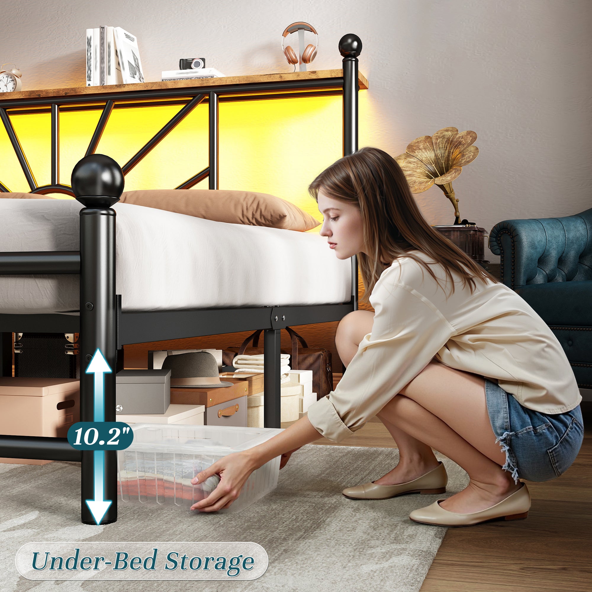 Snhomee Metal Bed Frame with LED Lights Under Headboard&Footboard - 1300LBS Capacity, Underbed Storage, No Box Spring Needed, Noise-Free Design, Back to School Beds Best Choice