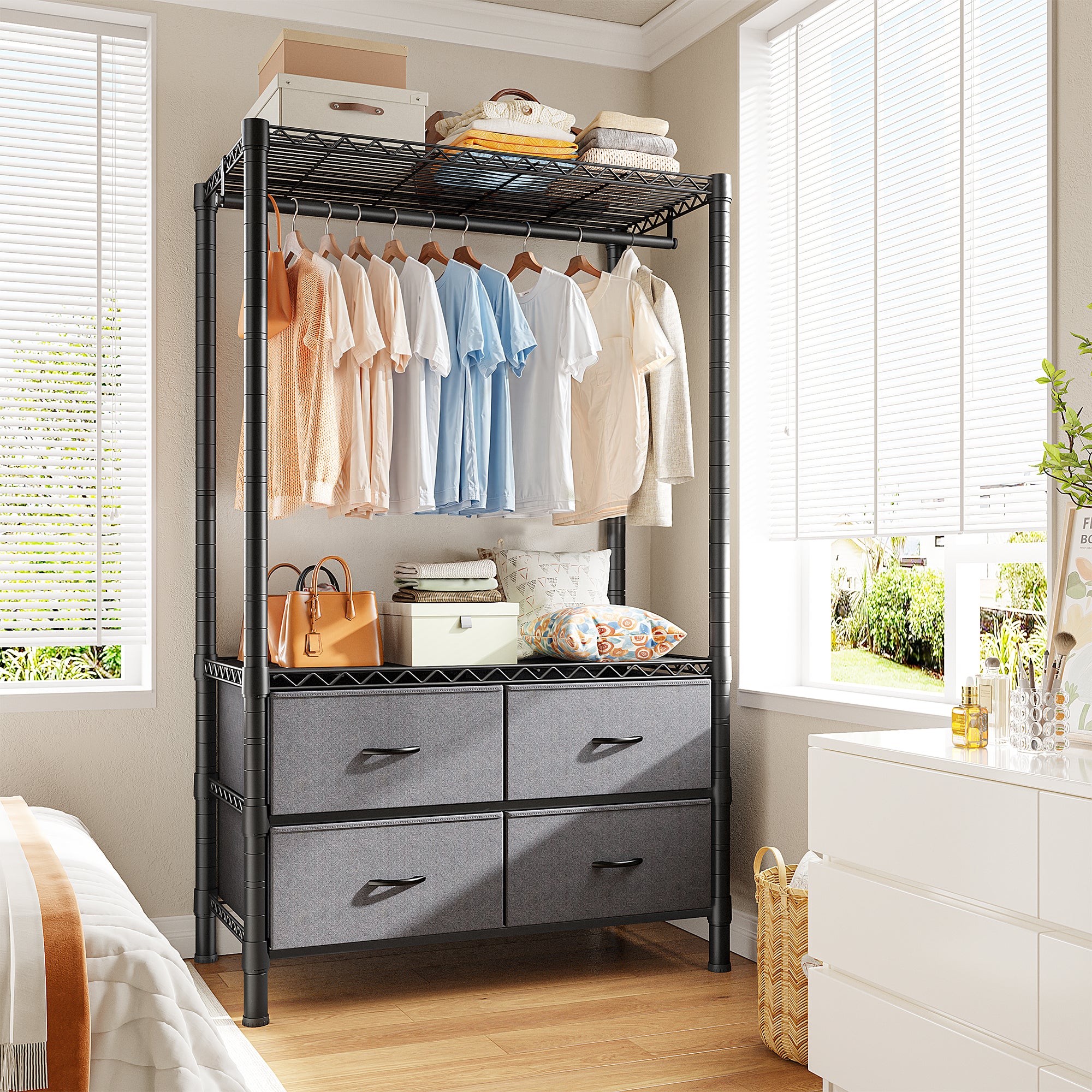 Snhomee Portable Clothes Rack with 4 Drawers Metal Clothing Garment Rack, Freestanding/Rolling-Home Storage > Clothes Rack-Black Rolling Rack-snhomee