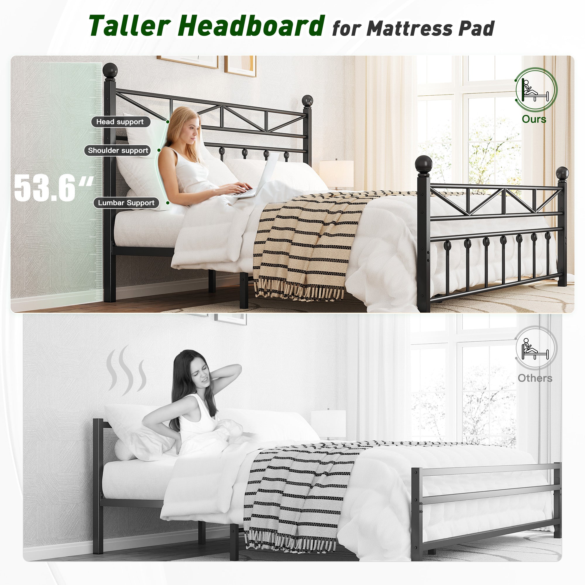 LED Metal Bed Frame with Tall Headboard & Footboard, Vintage Industrial Bed, Under Bed Storage & No Box Spring Needed, Noise-Free Design for Modern & Farmhouse Bedrooms