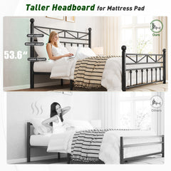 LED Metal Bed Frame with Tall Headboard & Footboard, Vintage Industrial Bed, Under Bed Storage & No Box Spring Needed, Noise-Free Design for Modern & Farmhouse Bedrooms