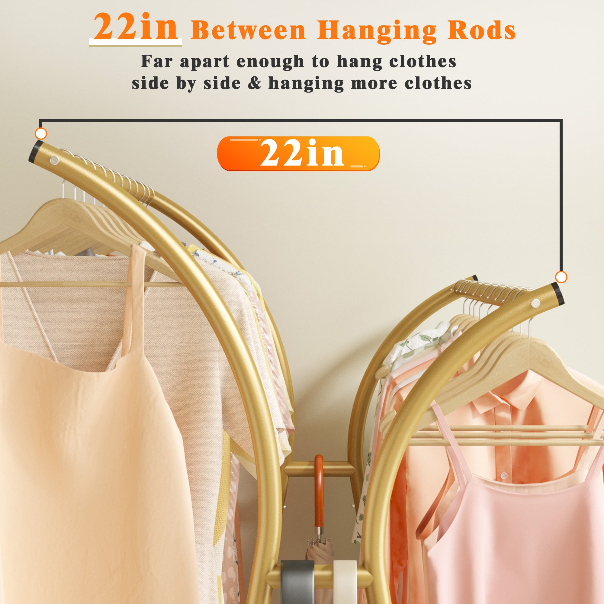 Double-Rod Clothing Rack with Wheels, Rust-Resistant Clothes Rack with Bottom Shelf & Curved Supports for Long Coats