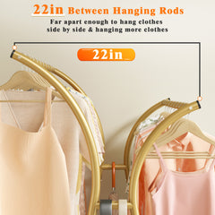 Double-Rod Clothing Rack with Wheels, Rust-Resistant Clothes Rack with Bottom Shelf & Curved Supports for Long Coats