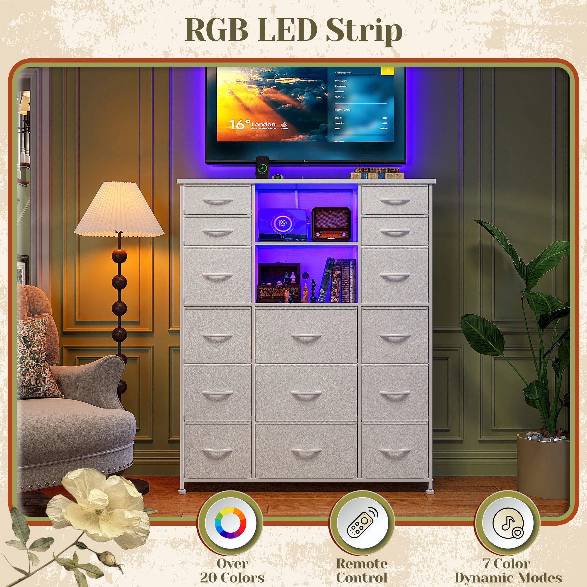 15-Drawer Smart Dresser with Charging Station & LED Lights - 51" Tall Fabric Storage Organizer, Steel Frame, Wood Shelves | No Assembly Hassle, Anti-Tip Safety, for Bedroom, Closet, Hallway