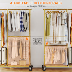 Snhomee Garment Rack with Wheels, Adjustable Height & Width, 298 lbs Heavy-Duty Clothes Rack for Hanging