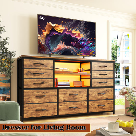 Snhomee 12-Drawer LED Dresser with USB Outlets - 60'' TV Stand for Bedroom & Living Room, Metal Frame Storage Cabinet 49''W x 35''H