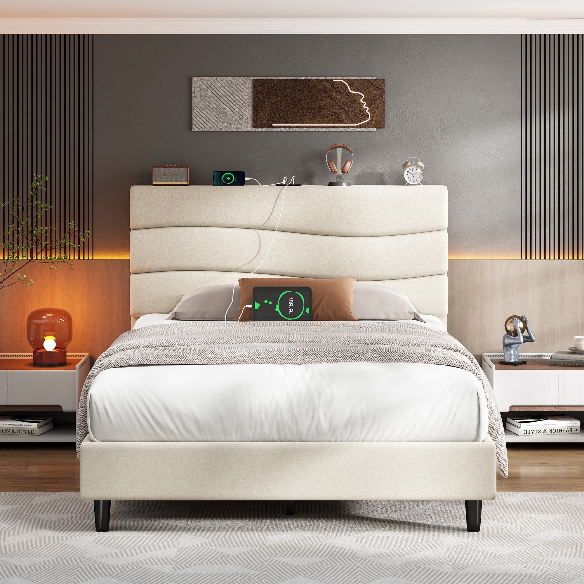 SnHomee Upholstered Bed Frame with Storage Headboard & Charging Station - USB Ports, Adjustable Fabric Headboard, Noise-Free Design, No Box Spring Needed, Back to School Beds On Sale