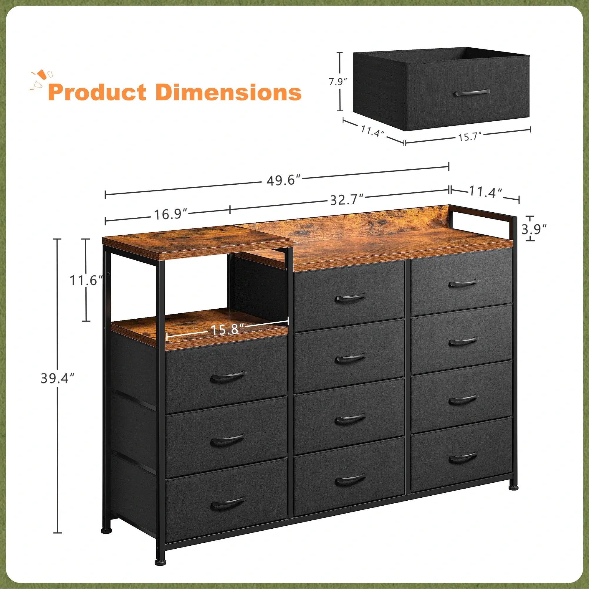 Snhomee 11-Drawer Dresser with Shelves – Wide Bedroom Storage Cabinet & TV Stand with Wood Top and Metal Frame