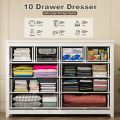 10 Drawers White Dresser 52" Wide Bedroom TV Stand Dresser for Hallway-Furniture > Dresser-Black-snhomee