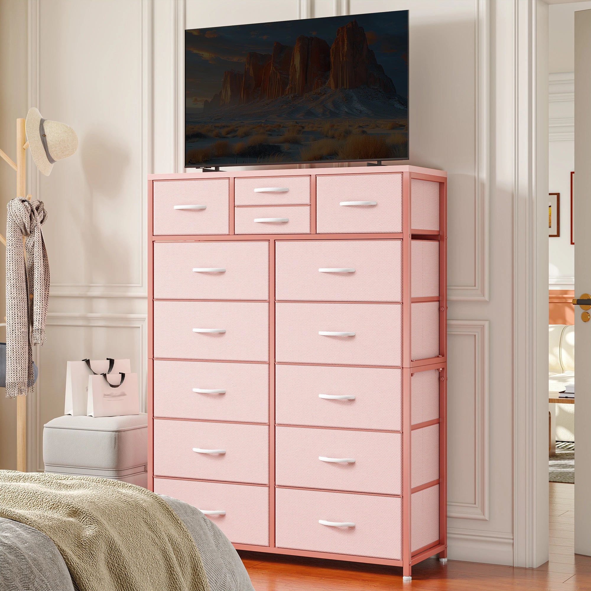 Snhomee Dresser for Bedroom with 14 Drawers, Tall Dressers for Bedroom,  Sturdy Metal Frame & Wood, Top Large Fabric Chest of Drawers, Closet, Livingroom
