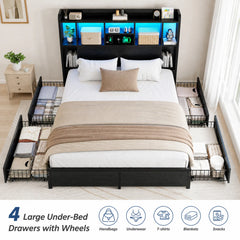 Snhomee 1200lbs Bed Frame with 4 Storage Drawer,Platform Bed with LED Headboard & USB Charging,Noiseless Metal Frame
