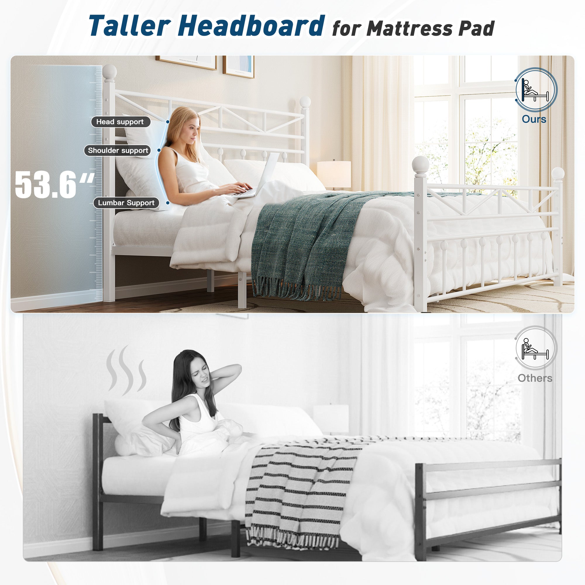LED Metal Bed Frame with Tall Headboard & Footboard, Vintage Industrial Bed, Under Bed Storage & No Box Spring Needed, Noise-Free Design for Modern & Farmhouse Bedrooms
