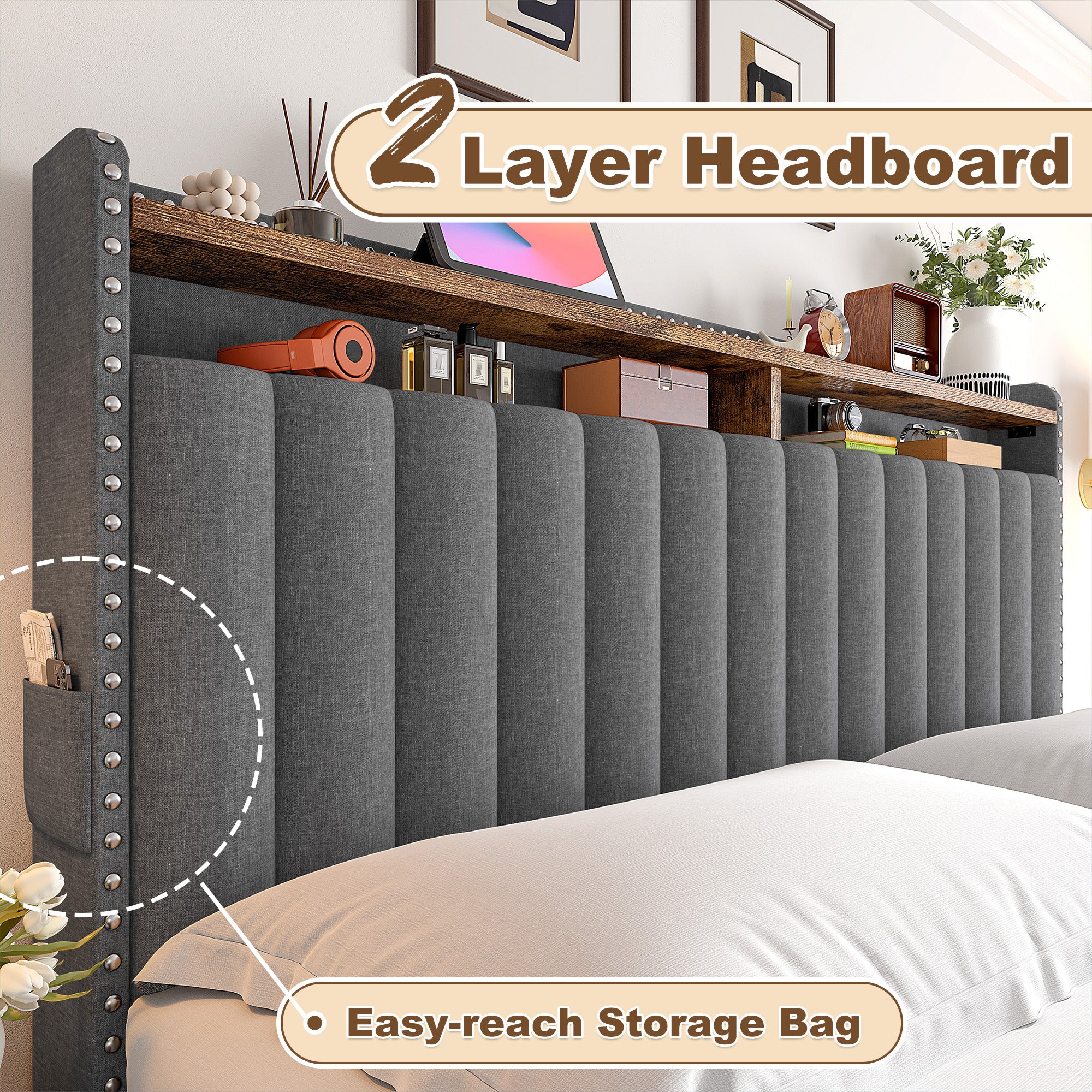 Snhomee Heavy Duty Platform Bed Frame with Storage Drawers - Silent 1200LB Capacity, No Box Spring Needed, Upholstered Headboard