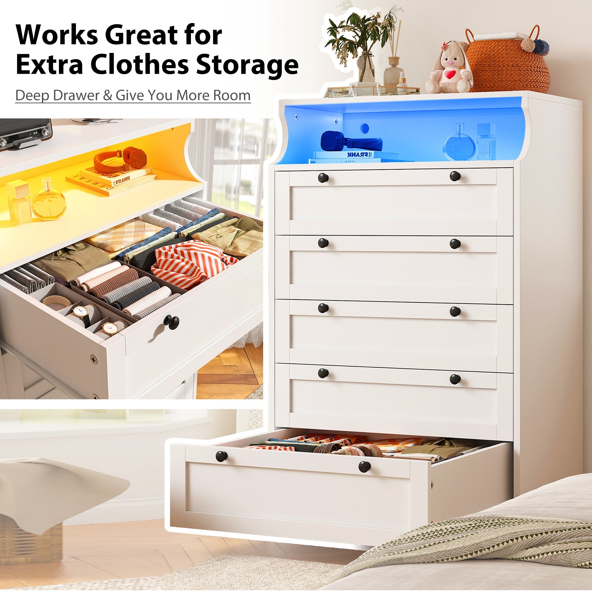 Snhomee 5-Drawer Tall Dresser with LED Lights & Shelves Modern Storage Cabinet for Bedroom, Living Room & Entryway 31.3" W x 48.5" H x 15.7" D / Snhomee 5-Drawer Tall Dresser with LED Lights & Shelves Modern Storage Cabinet for Bedroom, Living Room & Entryway 31.3" W x 48.5" H x 15.7" D /