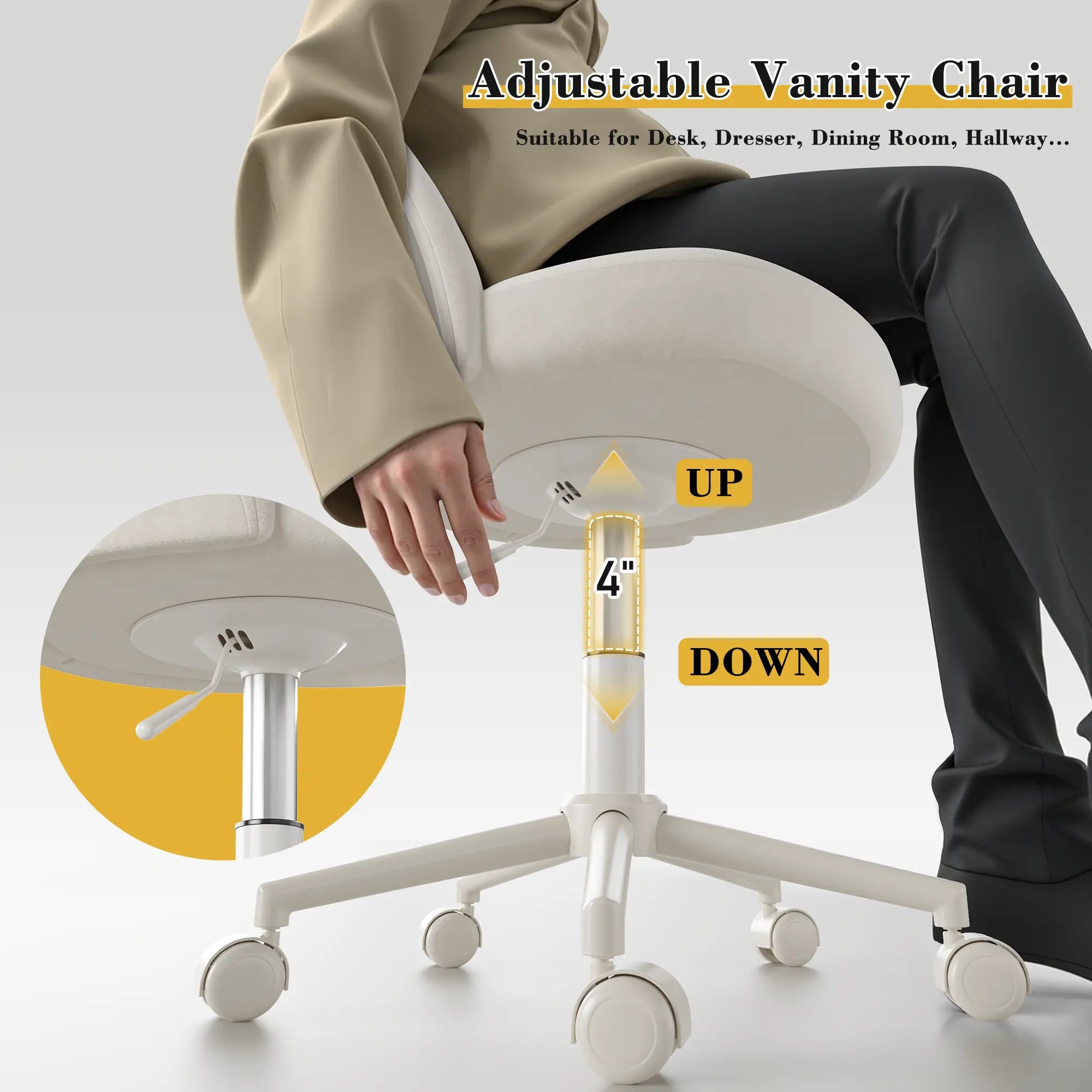 Snhomee Velvet Vanity Chair with Back and Wheels – Adjustable Armless Desk Chair for Bedroom, Office & Vanity