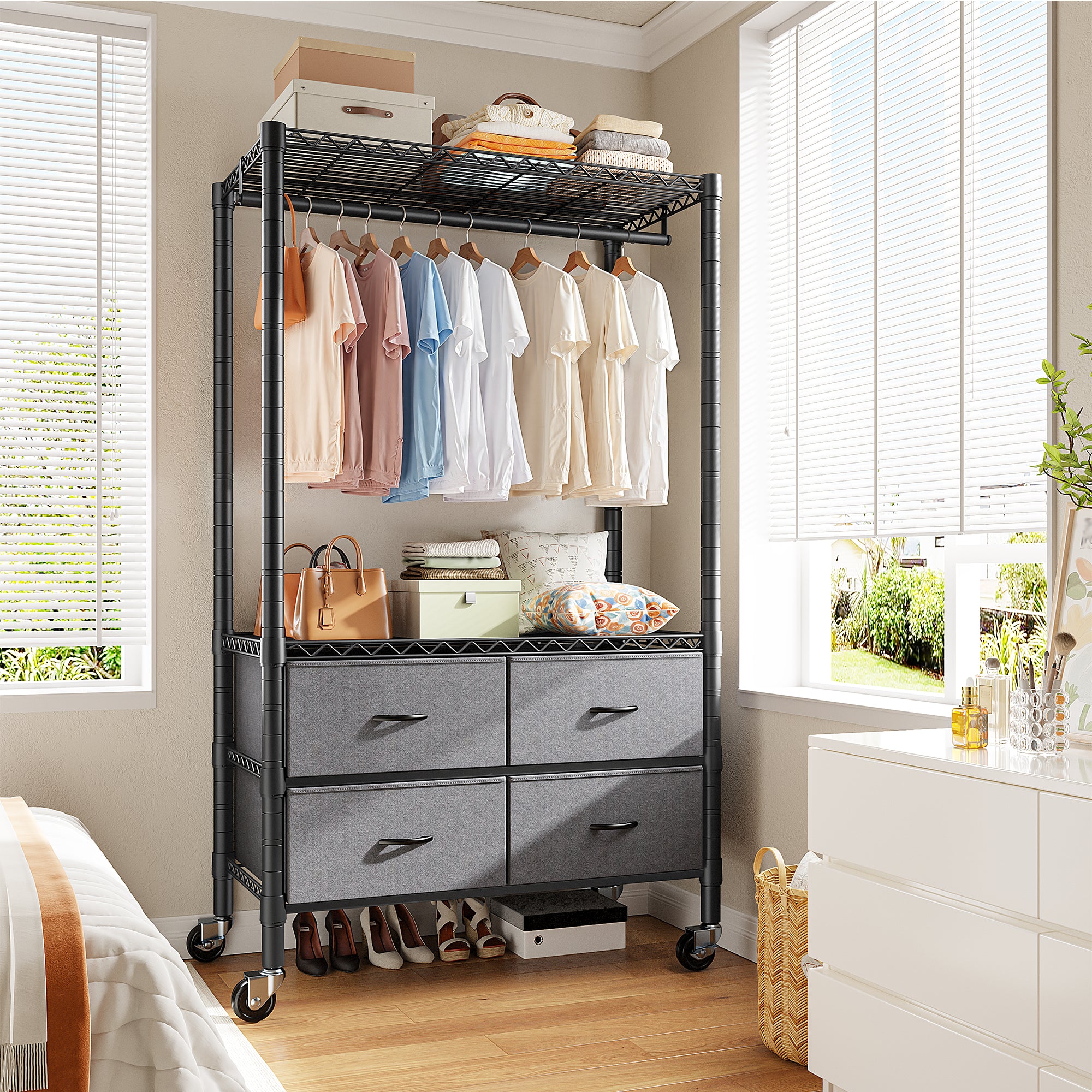 Snhomee Portable Clothes Rack with 4 Drawers Metal Clothing Garment Rack, Freestanding/Rolling-Home Storage > Clothes Rack-Black Rolling Rack-snhomee