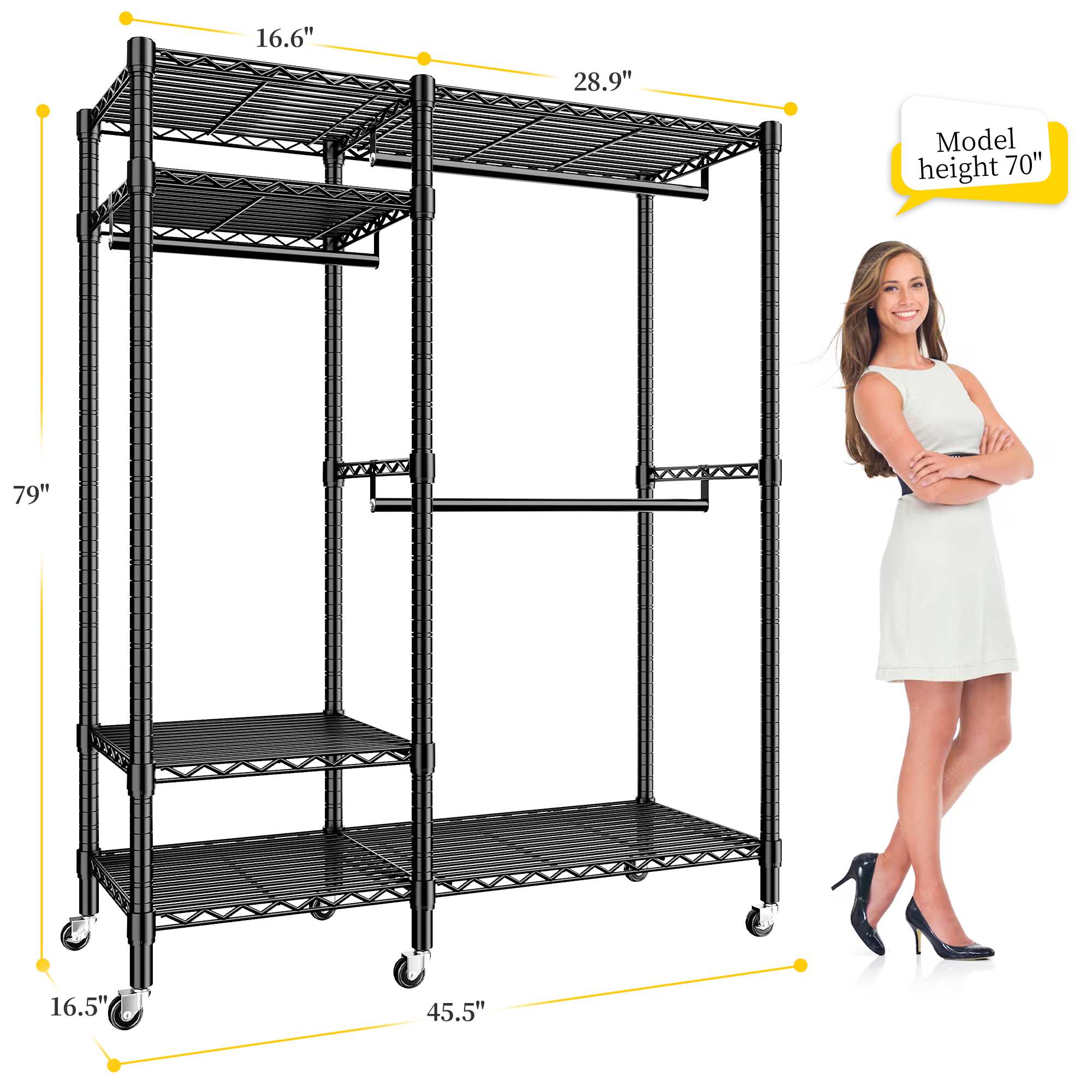 Snhomee 780lbs Heavy Duty Clothes Rack with Wheels, Freestanding Portable Closet, Rolling Garment Rack For Hanging-Home Storage > Clothes Rack-wheels-Black-snhomee