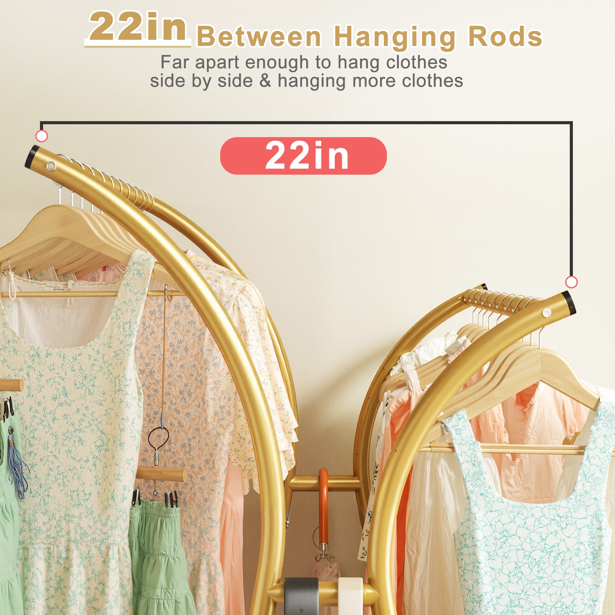Double Rod Clothes Hanger Rack, Metal Rolling Clothing Rack With Wheels, 52"W x 20"D x (63"-69")H, Gold/Black-Gold-snhomee