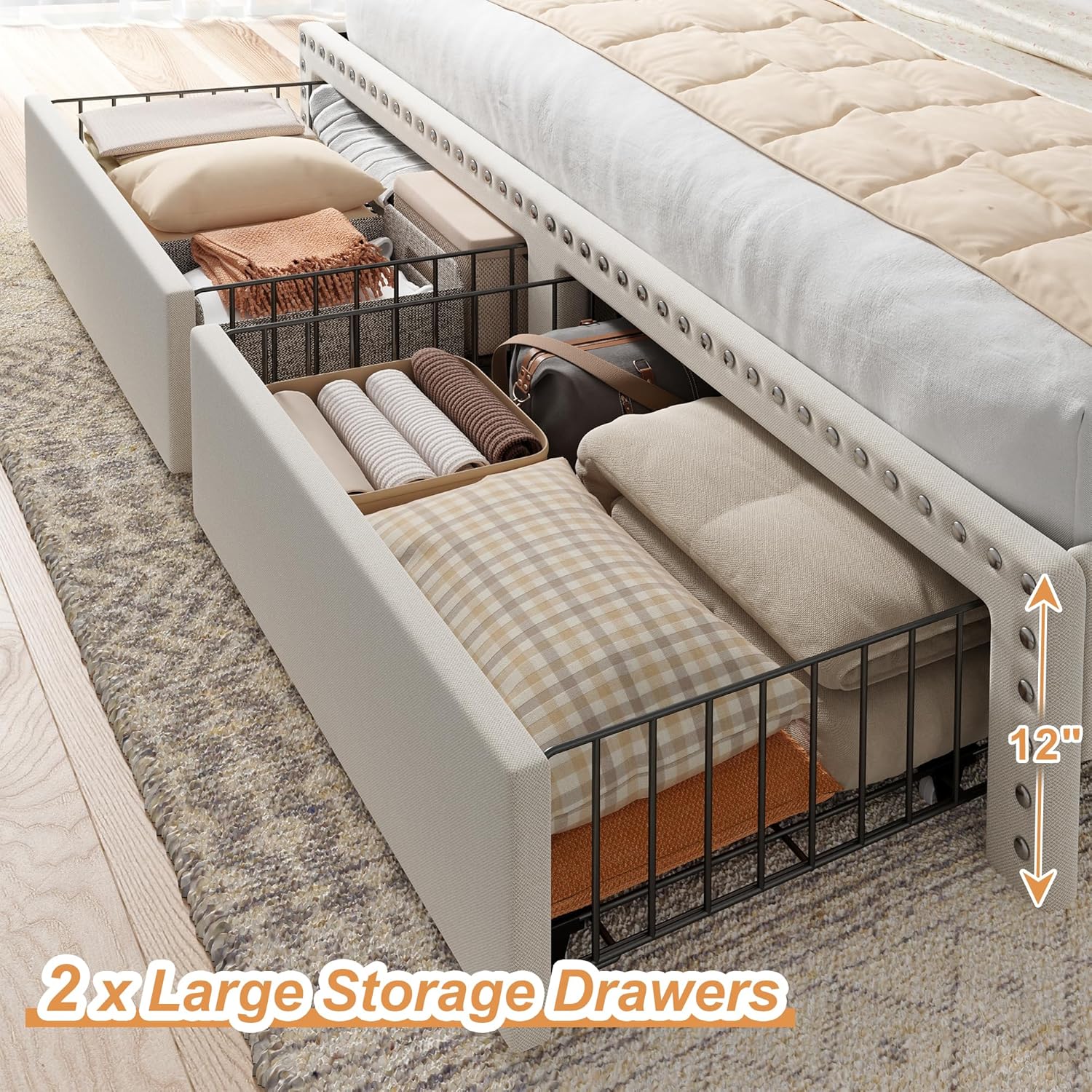 Metal Bed Frame with 2 Storage Drawers & Headboard - 900LBS Capacity, No Noise Design, Padded Platform, No Box Spring Needed, Back to School Beds On Sale